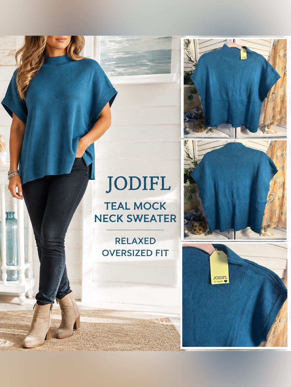 JODIFL Teal Mock Neck Oversized Relaxed Sweater